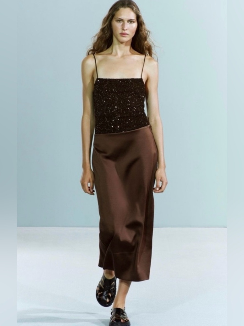 ZARA ZW Collection Long Brown Satin Skirt